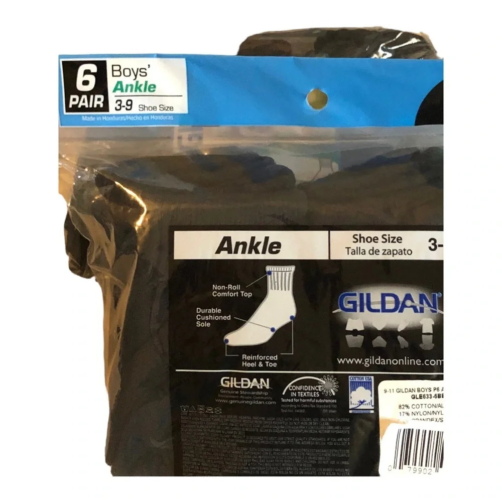 12pairs Gildan Boys’ comfort toe seam black ankle socks, fits shoe size 3-9. new